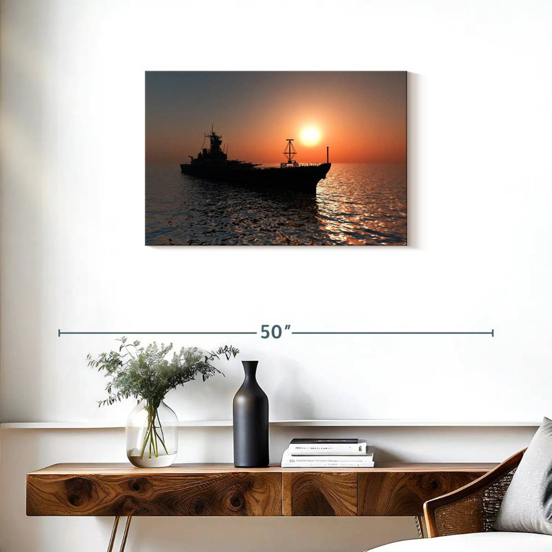 Navire Mait au coucher du soleil, H 20 po x l 30 po