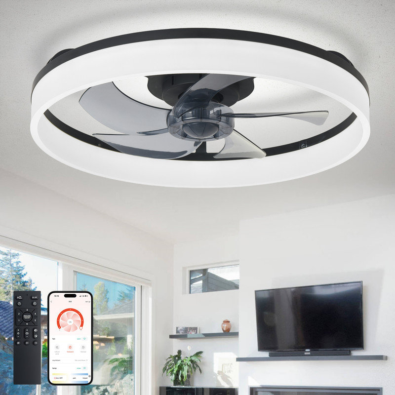 20" Black Flush Mount Ceiling Fan with Light, Low Profile, App & Remote Control, 6-Speed Quiet DC Motor, Dimmable LED for Bedroom