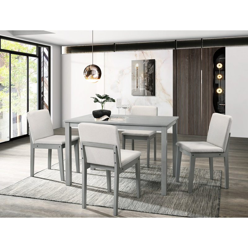 Salle à manger 5 pièces à finition grise avec table rectangulaire et 4 chaises, sièges rembourrés beiges, placage en bois d'hévéa, mobilier de style transitionnel 5, table, beauté classique en bois massif