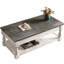 Table basse à plateau relevable, 3 plateaux de rangement cachés, fabrication en bois massif, gris antique et blanc vieilli, deux niveaux pour un salon bien organisé, table polyvalente avec tablette fixe, bois, confortable