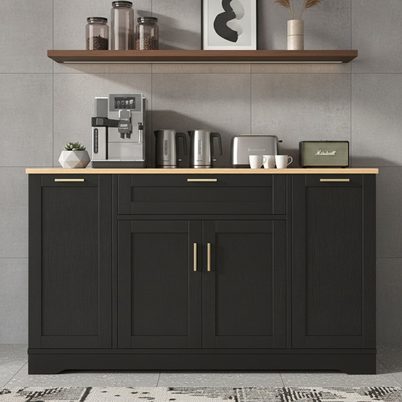 Extendable Kitchen Island With Adjustable Shelves And 3-Tier Pull-Out Rack, Black
