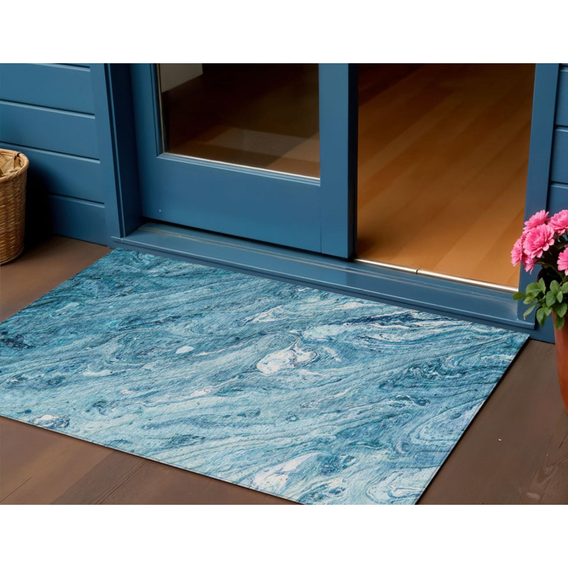 HomeRoots 3' X 5' Sky Blue And Navy Blue Abstract Washable Indoor Outdoor Area Rug