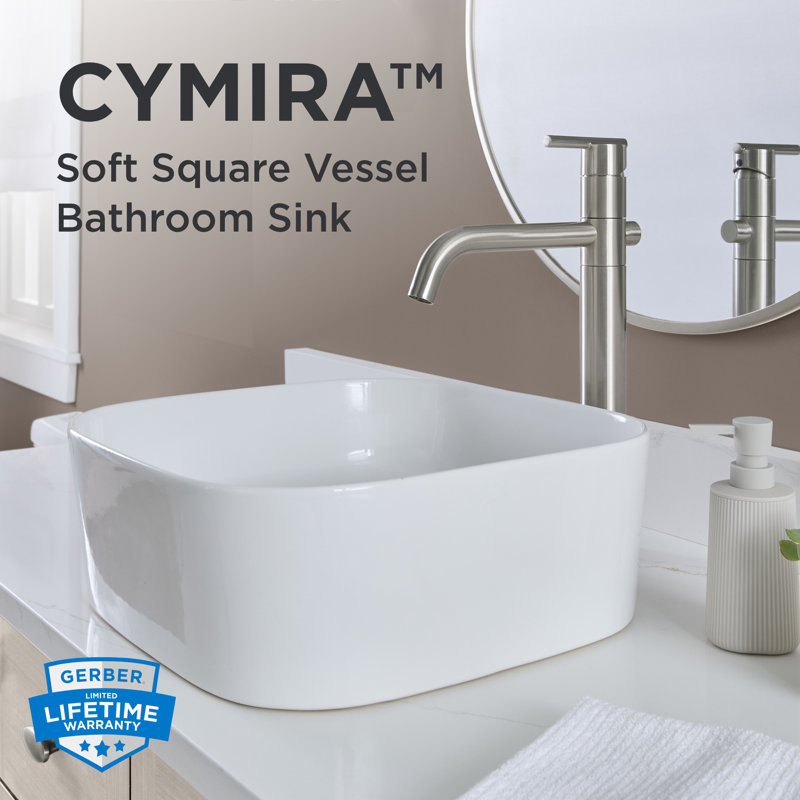 Gerber Cymira 16 In. Soft Square Vessel Bathroom Sink, Above-Counter Glazed White Fireclay Ceramic Vanity Sink, Modern Transitional Basin Sink Bowl