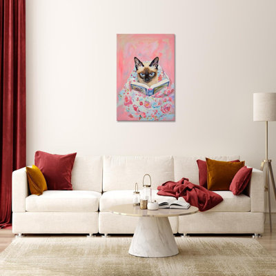 Trendy Cute Cat Posters Funny Siamese Cat Reading In Bed Canvas Wall Art Funky Pink Flower And Abstract Pet Prints Painting For Home Bedroom Dorm Living Room Wall Decor 16X24in Framed