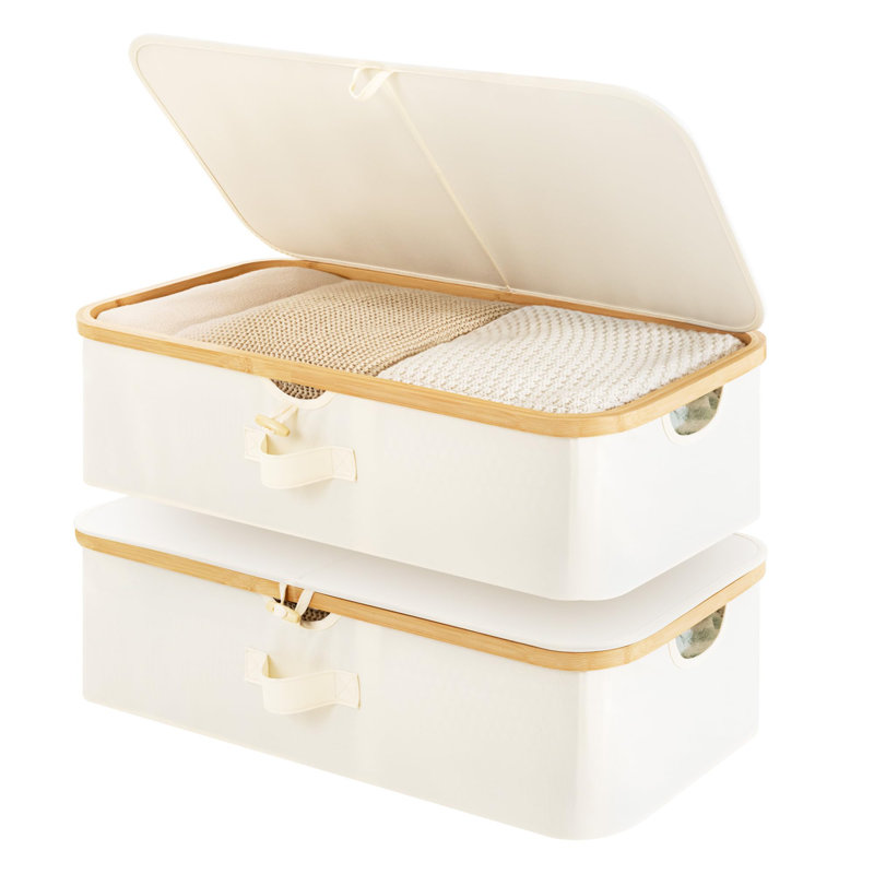 Ensemble de 2 boîtes de rangement sous le lit avec structure en bambou, contenant à couvercle rabattable de 42 L pour couvertures, draps, couvre-lits et serviettes, beige