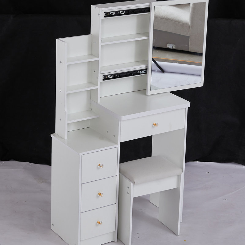 Left Bedside Cabinet Vanity Table For Small Spaces, With Padded Chair & Extra Large Sliding Mirror, Multi-Layered Storage, Stylish White Dresser Sized Cushioned Stool, Multi-Layer High Capacity