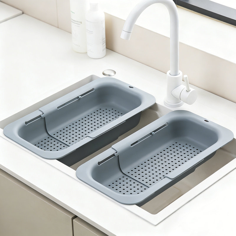 Over the Sink Extendable Colander Strainer Basket - Wash Vegetables and Fruits, Drain Cooked Pasta and Dry Dishes(Gray Blue,2 Pcs)