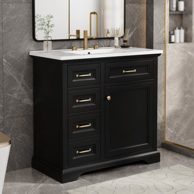 36-inch Freestanding Bathroom Vanity, 4 Drawers, Soft-close Door, Ceramic Sink, Pre-drilled Faucet, Black Painted Vanity For Bathroom, Integrated 1