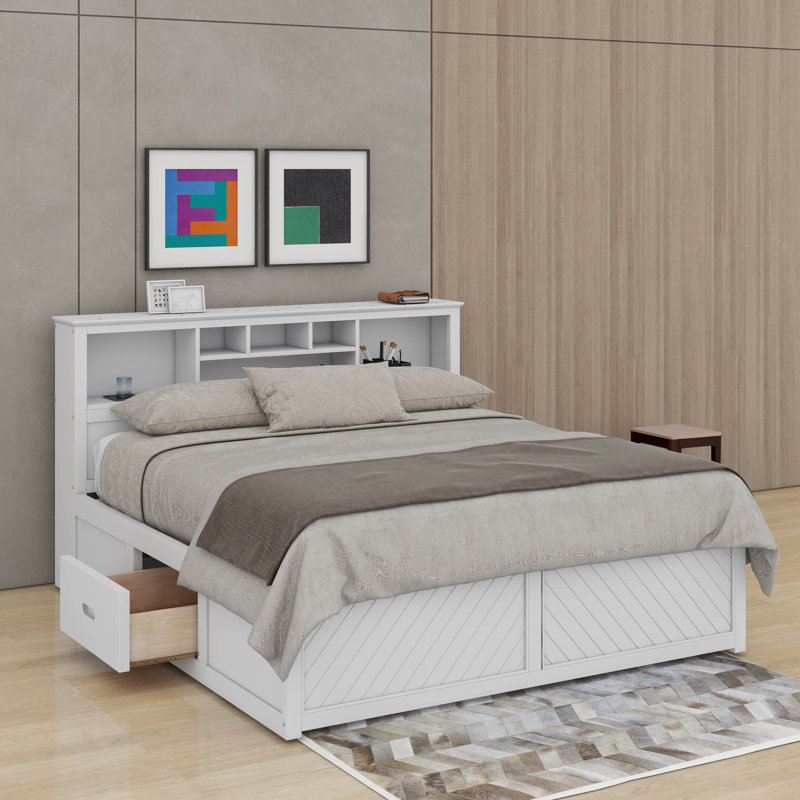 Très grand lit avec tête de lit à rangement multiple, port USB et tiroirs, Blanc