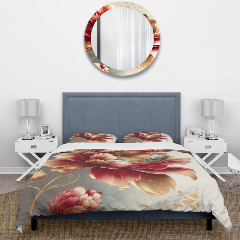 Bold Red Floral Design I - Ensemble de housse de couette floral - Polyester en microfibre