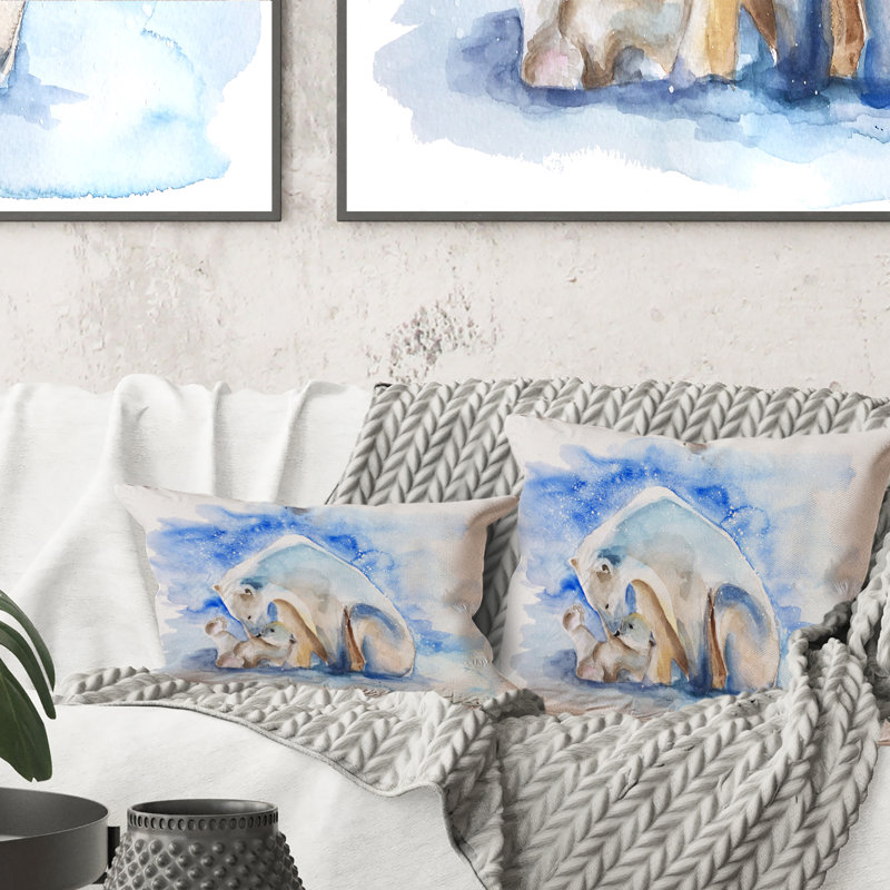 Ours polaire avec un ourson - coussin décoratif imprimé traditionnel, 16 po x 16 po