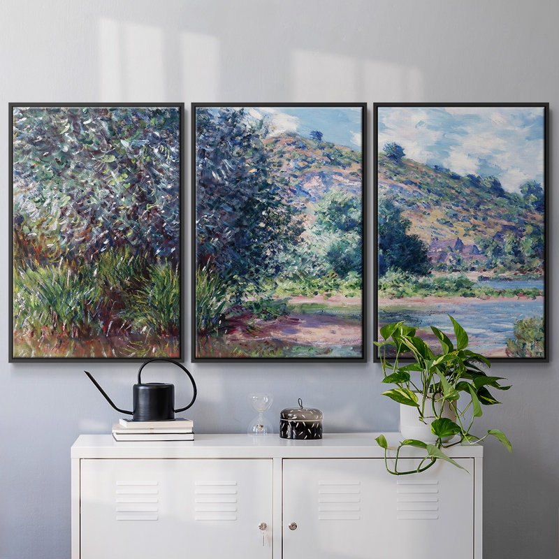 Paysage au port, ensemble de 3 toiles encadrées, H 24 po x l 48 po x P 2 po, Cadre noir