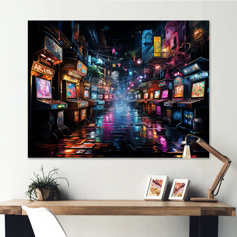 Neon Arcade - jeu vidéo grand art mural, H 34 po x l 44 po x P 1,5 po, Toile tendue