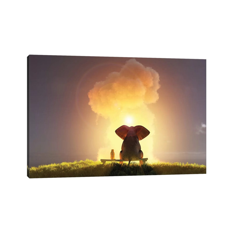 Elephant And Dog Look At The Big Pink Cloud III by Mike Kiev - Wrapped Canvas Print, 20.32 cm H x 30.48 cm W