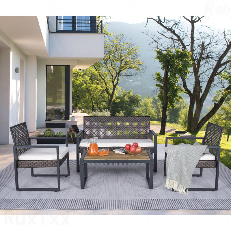 4-Piece Patio Furniture Set Beige Outdoor Balcony Porch Garden Backyard Lawn Furniture Acacia Wood Table Top Morden Brown And Cushion