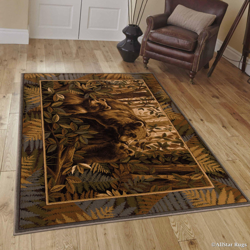 Brown and Green Bear Print Synthetic 5' x 7' Rug