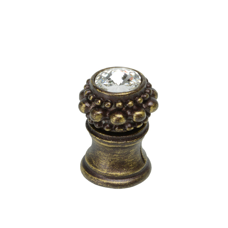 Caché small round knob with flared foot with a rivoli Swarovski Clear Crystalin Gilded Mercury, Antique Brass