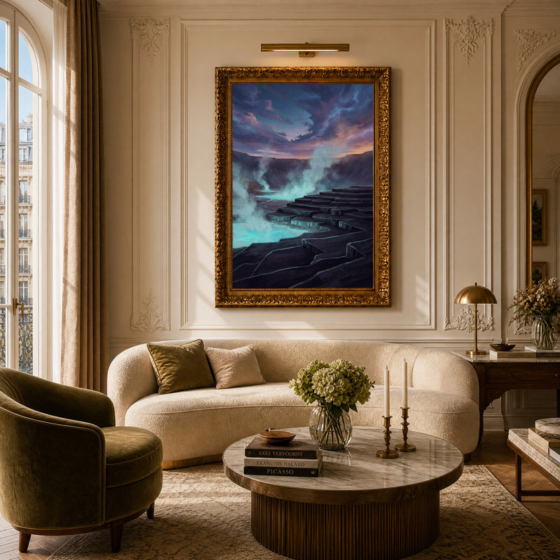 Art mural sur toile, "Terres chaudes sous le ciel étoilé mauve", H 24 po x l 16 po