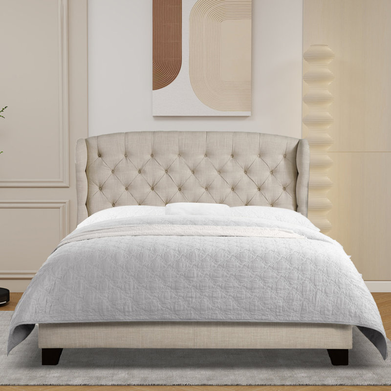 Lit tapissier en tissu, base de lit à hauteur réglable capitonnée, Beige, Grand