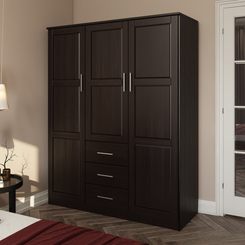 Armoire-penderie 100% bois massif avec tiroirs et tablettes réglables Bassam, Café