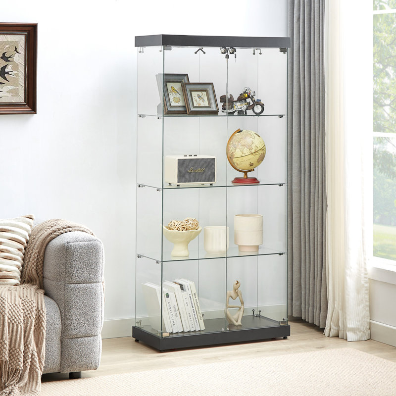 Vitrine à 4 niveaux avec portes doubles, deux verrous et pieds réglables pour un rangement sécuritaire et élégant dans diverses pièces