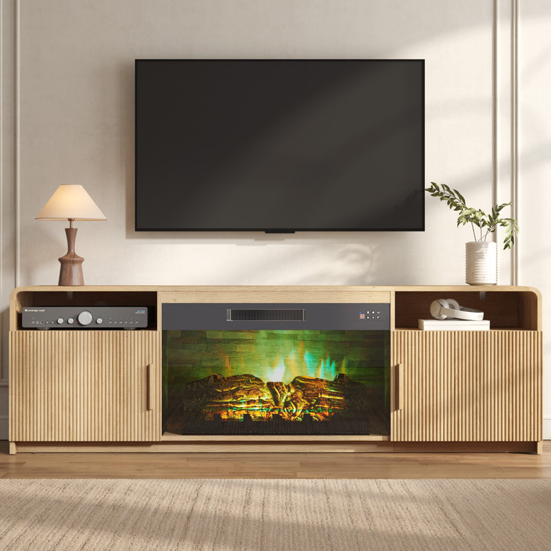 Meuble télé 70 po pour téléviseur de 75 po ou moins avec portes cannelées et grand rangement et rebords arrondis, Naturel