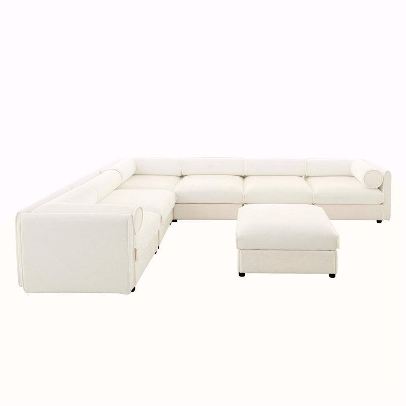 Grand canapé modulaire modulaire avec rangement Canapé modulaire en chenille pour le salon, dossier cylindrique et accoudoirs 6 places, blanc