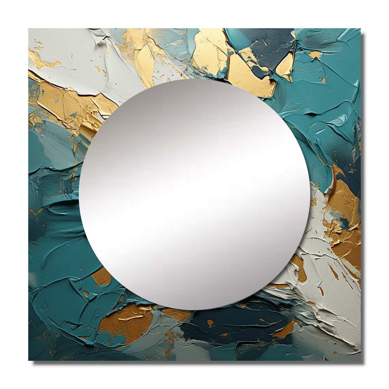 Sérénité coucher de soleil bleu sarcelle et blanc I - Grand miroir mural carré à formes abstraites pour chambre
