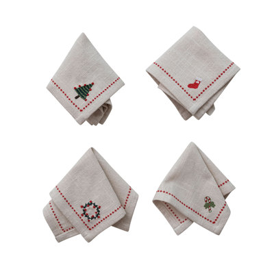 Festive Embroidered Cotton Holiday Napkin Set