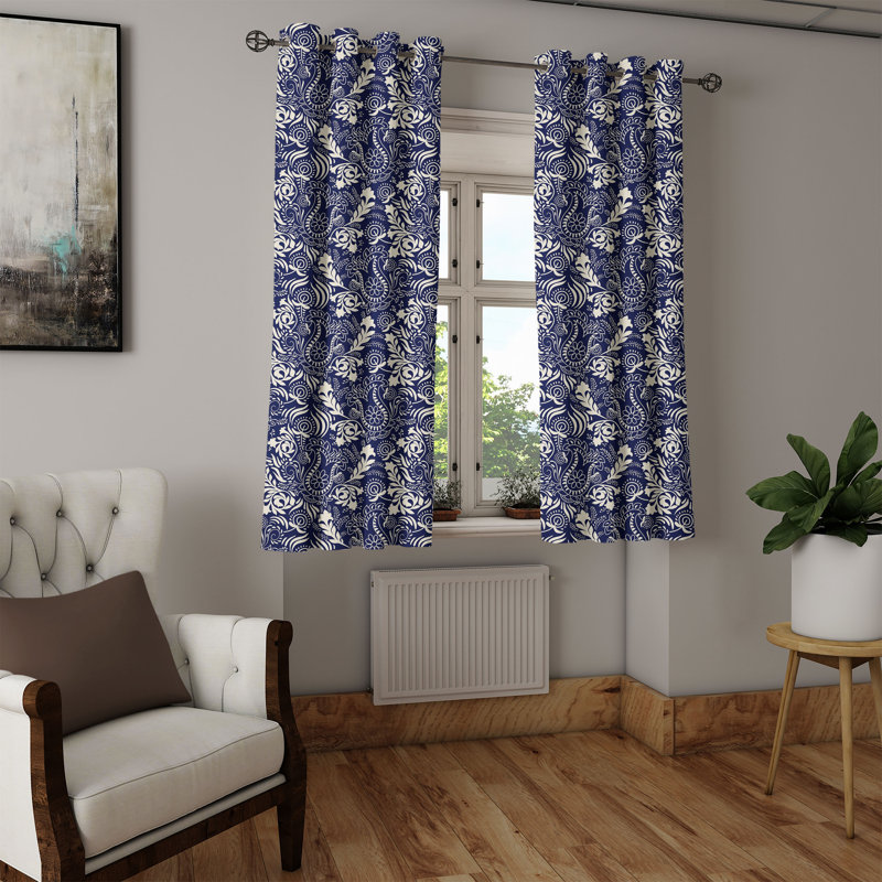 East Urban Home Tulips Grommet Curtain Decorative 2-Panel Window Drapes, 50", Navy Blue and Cream, 50" W x 54" L
