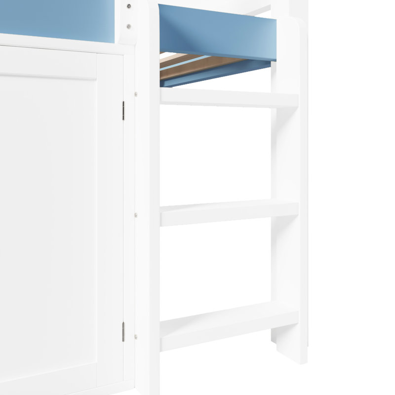 Lit mezzanine pleine grandeur avec auvent et armoire de rangement, forme de maison pour s'amuser, plusieurs tablettes de livres inspirées de créativité, livre en tissu