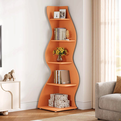 69.8"Height 5-Tier Wavy Orange Corner Bookshelf and Plant Stand for Living Room Small Space