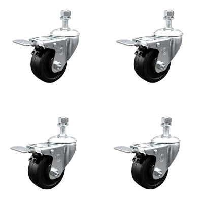 Rubber Wheel Swivel 10mm Stem Caster Set with Total Lock Brake