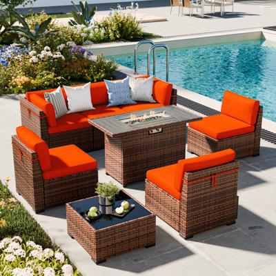 Treyshun 7 Piece Wicker Outdoor Modular Sectional Seating Group with Optional Fire Pit Table