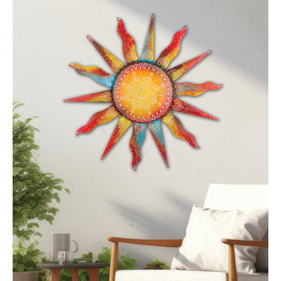 25 Inch Sun Metal Outdoor Wall Decor with Multi Color Weather Resistant Finish for Indoor and Outdoor Home Accent - Henna Sun