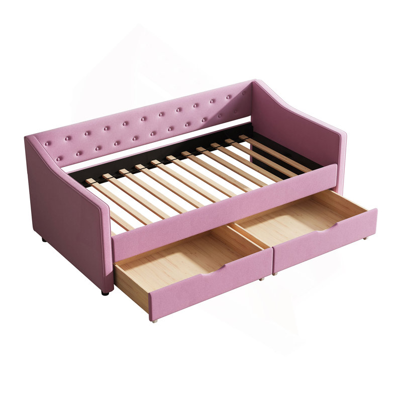 Lit de jour avec tiroirs, canapé-lit capitonné, avec bouton sur le dos et passepoil sur les accoudoirs ondulés, Simple, Rose
