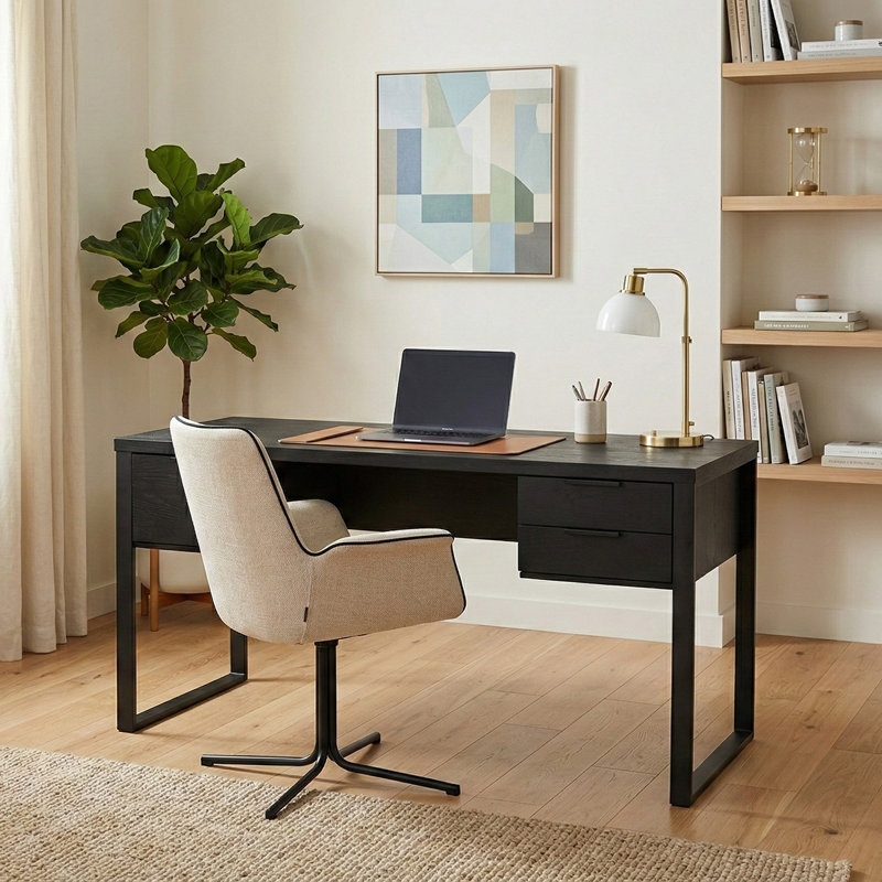 Bureau d'écriture avec rangement en métal Draylen, Chêne noir