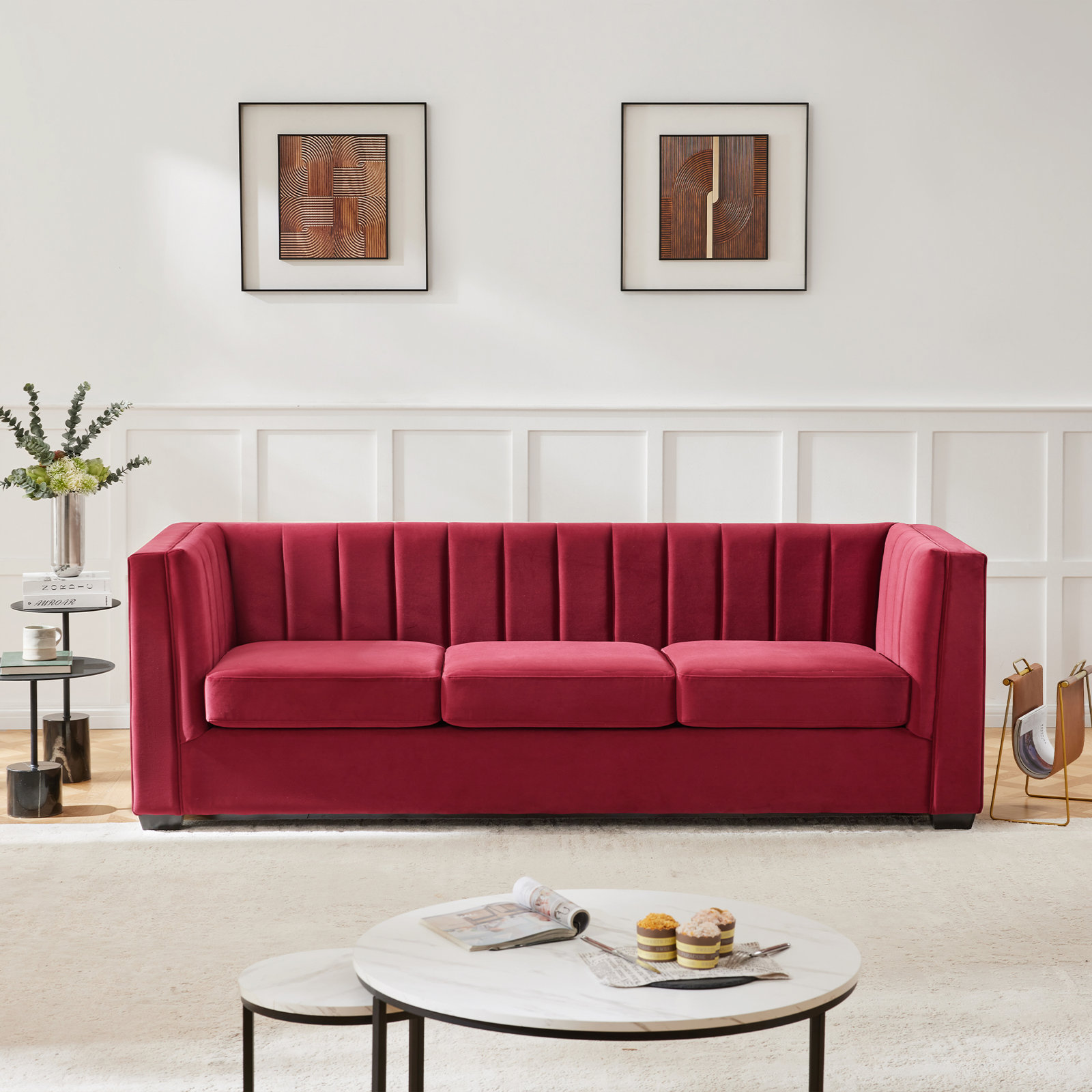 Allard Velvet Living Room Sofa, Burgundy Chenille