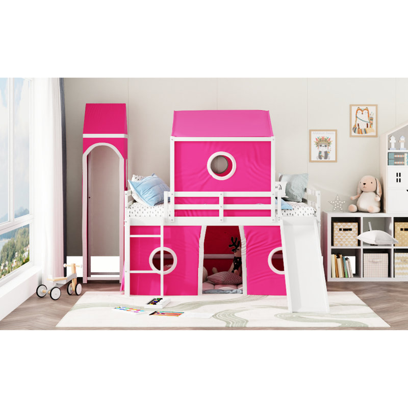 Lit mezzanine rose avec toboggan, tente et tour - Bois de pin massif, conception unique, semi-fermé sous l'espace en éléments de pin, jeu