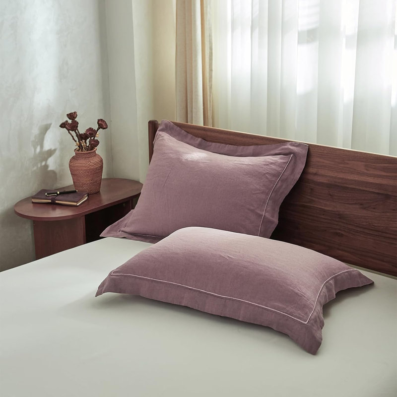 100% French Linen Pillowcase Set Of 2, Pure Flax Pillow Covers With Embroidered, Purple, King Pillowcase