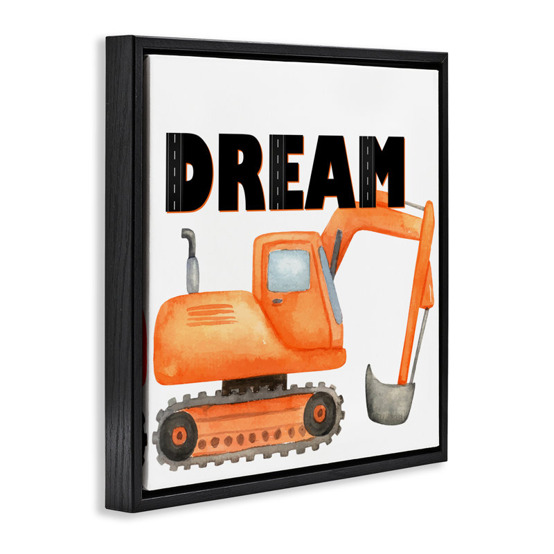«Dream with Orange Excavator Floating Frame», conception de Kim Allen, H 18 po x l 18 po, Cadre flottant noir de jais