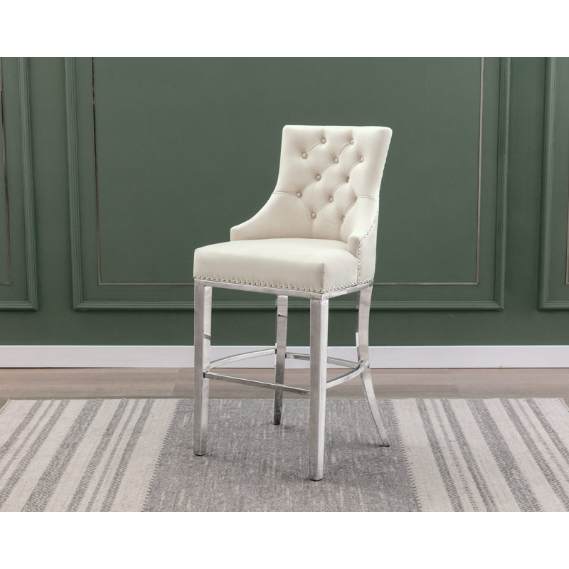 Kairin Upholstered Counter Stool, Barstool (45" Seat Height), Cream Velvet / Silver