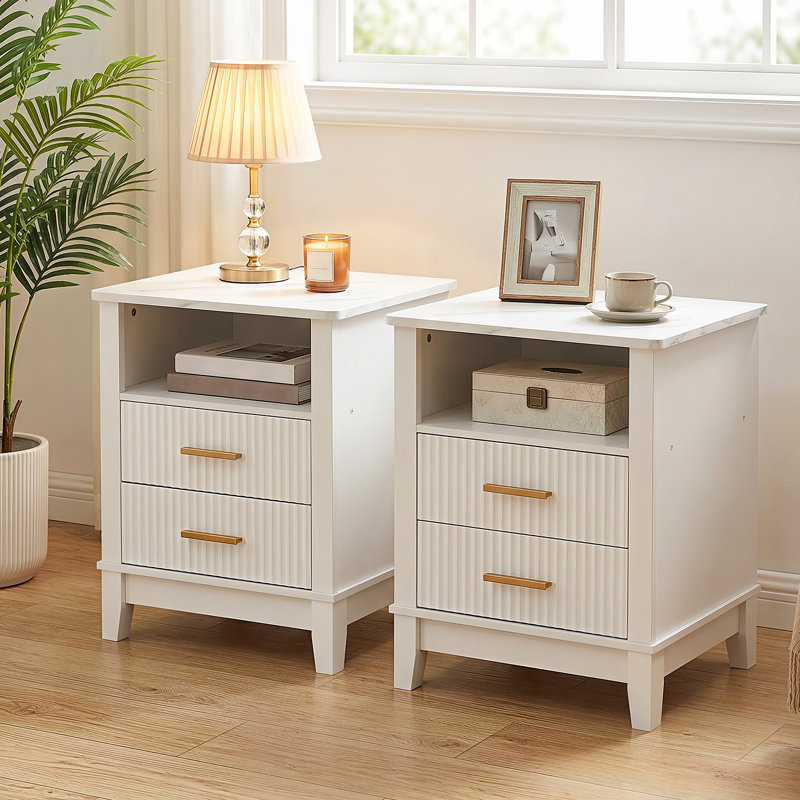 Modern 2 Drawer Nightstand with Charging Station, Fluted Nightstand With 2 Drawers