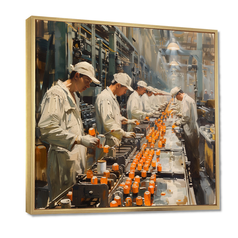  «Orange White ligne d'assemblage Factories II - usines d'art mural», Toile encadrée noire simple, H 30 po x l 30 po x P 1 po