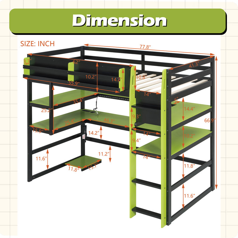 Lit mezzanine simple en bois avec bureau, support de rangement latéral, tablettes multiples et lumière RVB, Lit simple, Vert