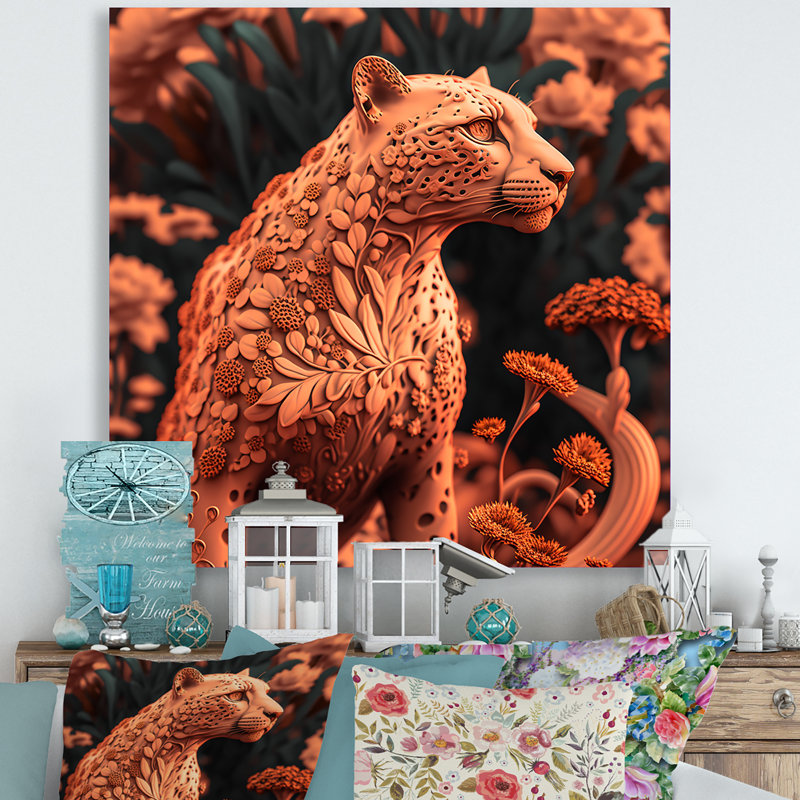 «Cheetah Cat In Terracotta Color Tones», art sur toile guépard animaux, H 36 po x l 36 po x P 1,5 po, Toile tendue