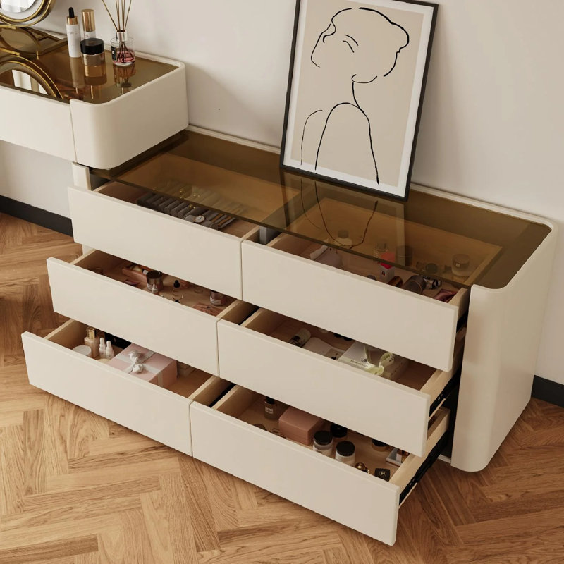Ensemble de coiffeuse moderne avec tabouret et plateau en verre, Blanc / Brun