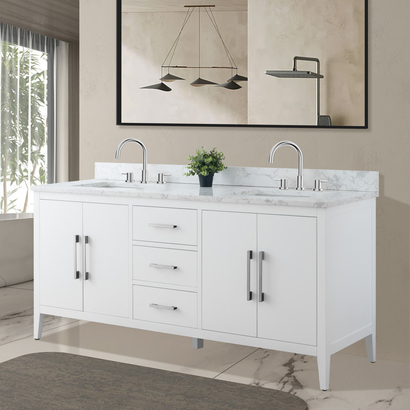 Meuble-lavabo double 72 po avec plateau en marbre, Blanc, Nickel brossé