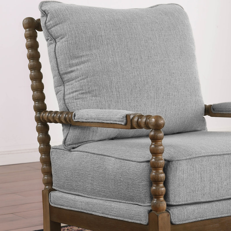 Millissa Spindle Solid Wood Accent Armchair with Upholstered Thick Cushion and Back, Brown/Gray
