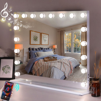 Vanity Mirror With Lights 31.5"X22.8" Tempered Glass Large Hollywood Mirror With 18 Dimmable Bulbs For Makeup, Table/Hanging Bluetooth Speaker Mirror With Touch Screen & USB Charge Port